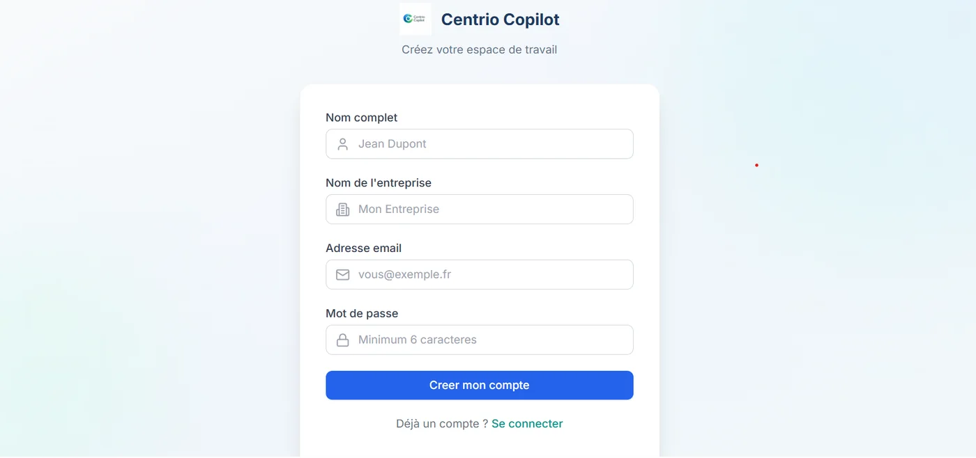 Centrio Copilot — Création d'un espace de travail. Les données confidentielles sont masquées.