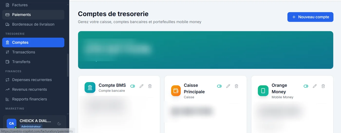 Centrio Copilot — Caisse, banque et mobile money. Les données confidentielles sont masquées.